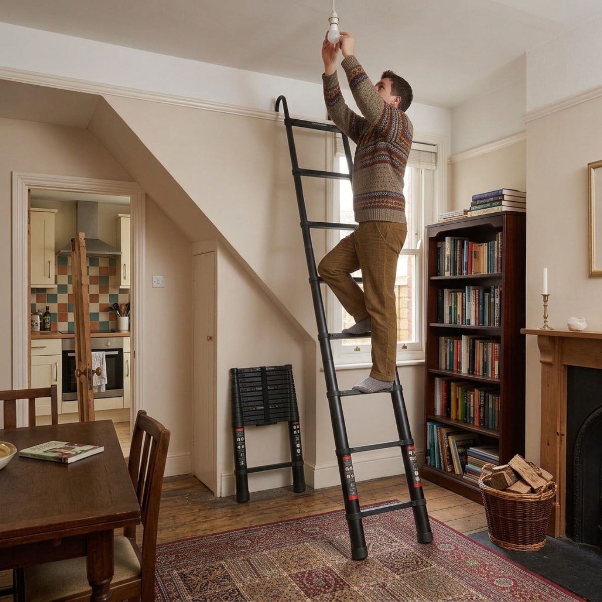 homeowner on a Telescopic Ladder 3.8m Black AscendPro Onyx 380 in home