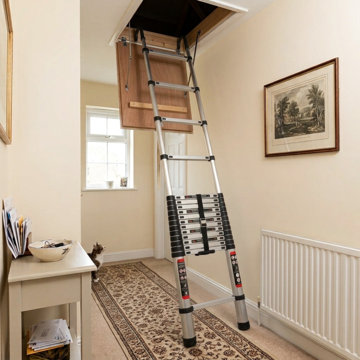 A silver and black telescopic loft ladder positioned in a hallway with an open attic hatch above, showing the ladder reaching up into the loft. The room has beige walls, a patterned rug, a white radiator, and framed wall art.