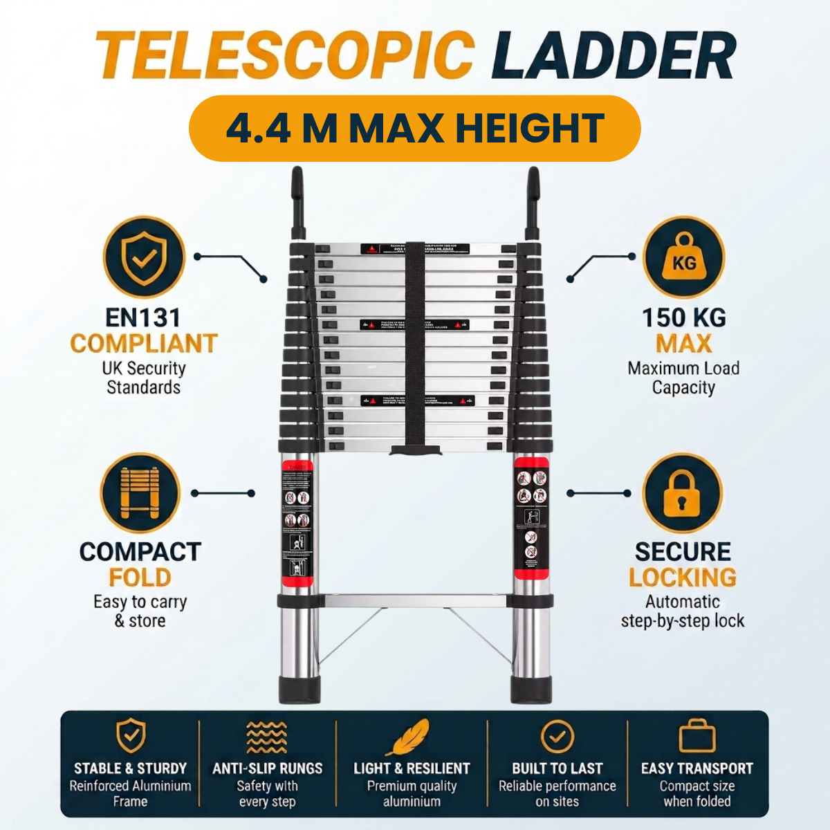 Telescopic aluminum ladder shown on a light blue background with feature callouts including 4.4 M MAX HEIGHT, EN1311 compliance, 150 KG MAX load capacity, compact fold, and secure locking.