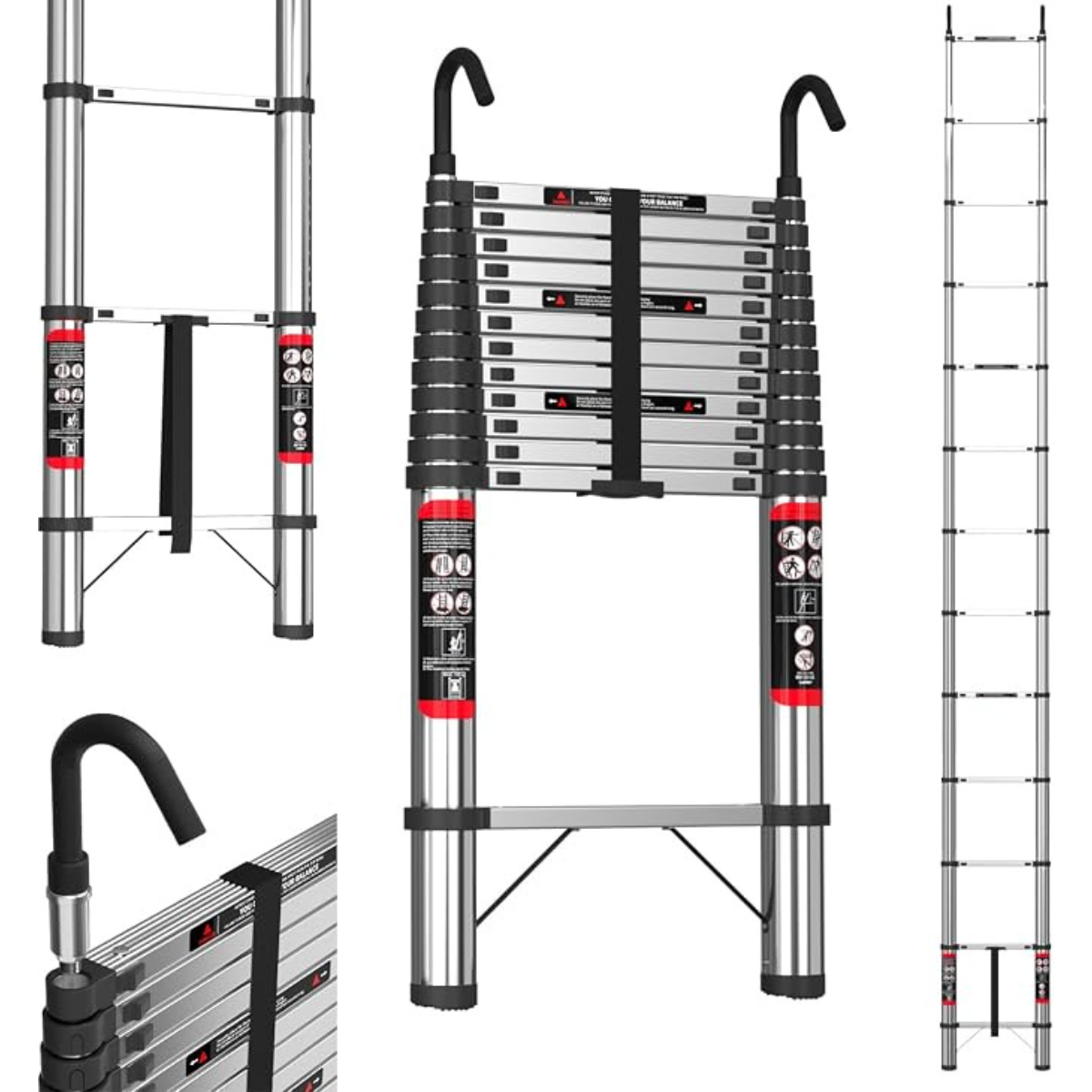 A telescoping aluminum extension ladder shown in multiple views on a white background, including fully extended, partially folded, and close-up detail shots. The ladder has silver metal rails with black grip sections and red accents.