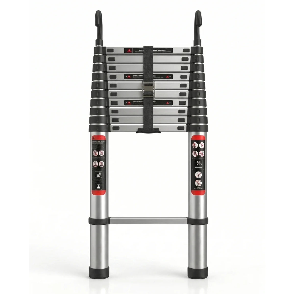 A telescoping aluminum extension ladder shown folded upright against a clean white background. The ladder features silver aluminum steps and tubes with black rubberized grips, a central black safety strap, and red accent panels with white control icons.