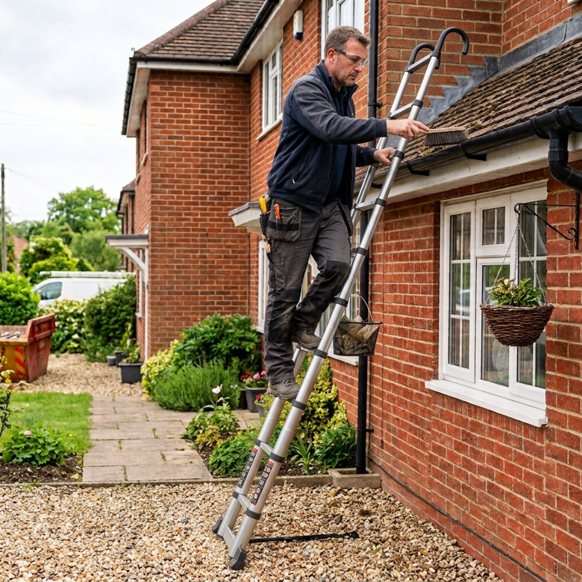 A man wearing safety glasses and work clothes stands on a silver extension ladder, cleaning the gutter of a red brick house.