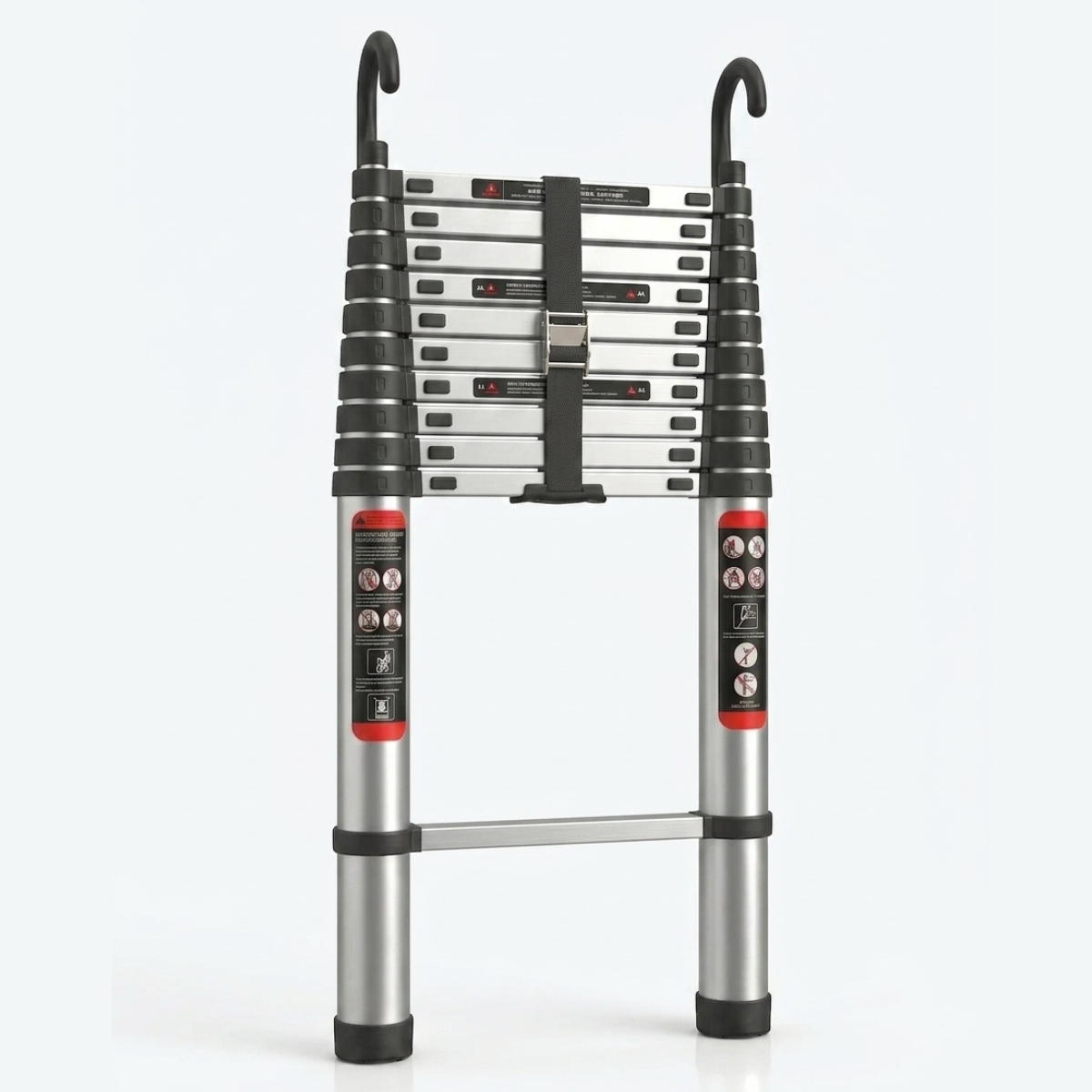 A telescoping aluminum extension ladder shown fully extended against a clean light gray studio background. The ladder has silver metal tubes, black grip sections, a central black safety strap, and red accent rings with control buttons on the side handles.