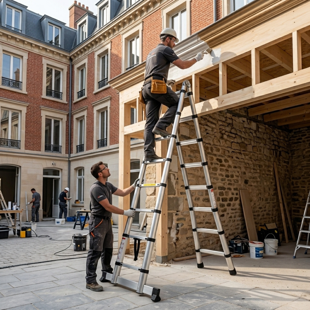 worker on a Telescopic Ladder 5m 4-in-1 AscendPro Sentinel Pro