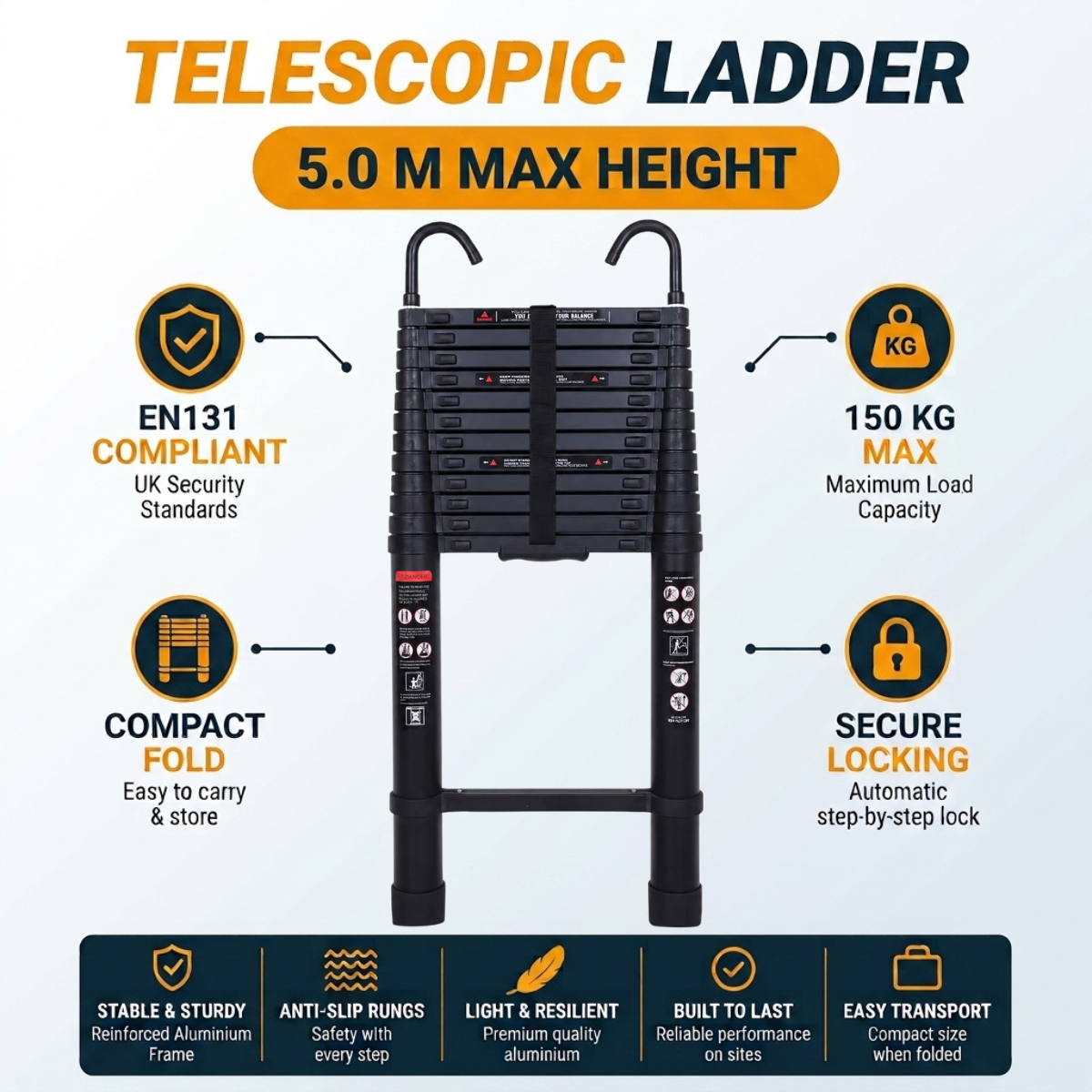 Telescopic Ladder 5m Black AscendPro Onyx 500 features