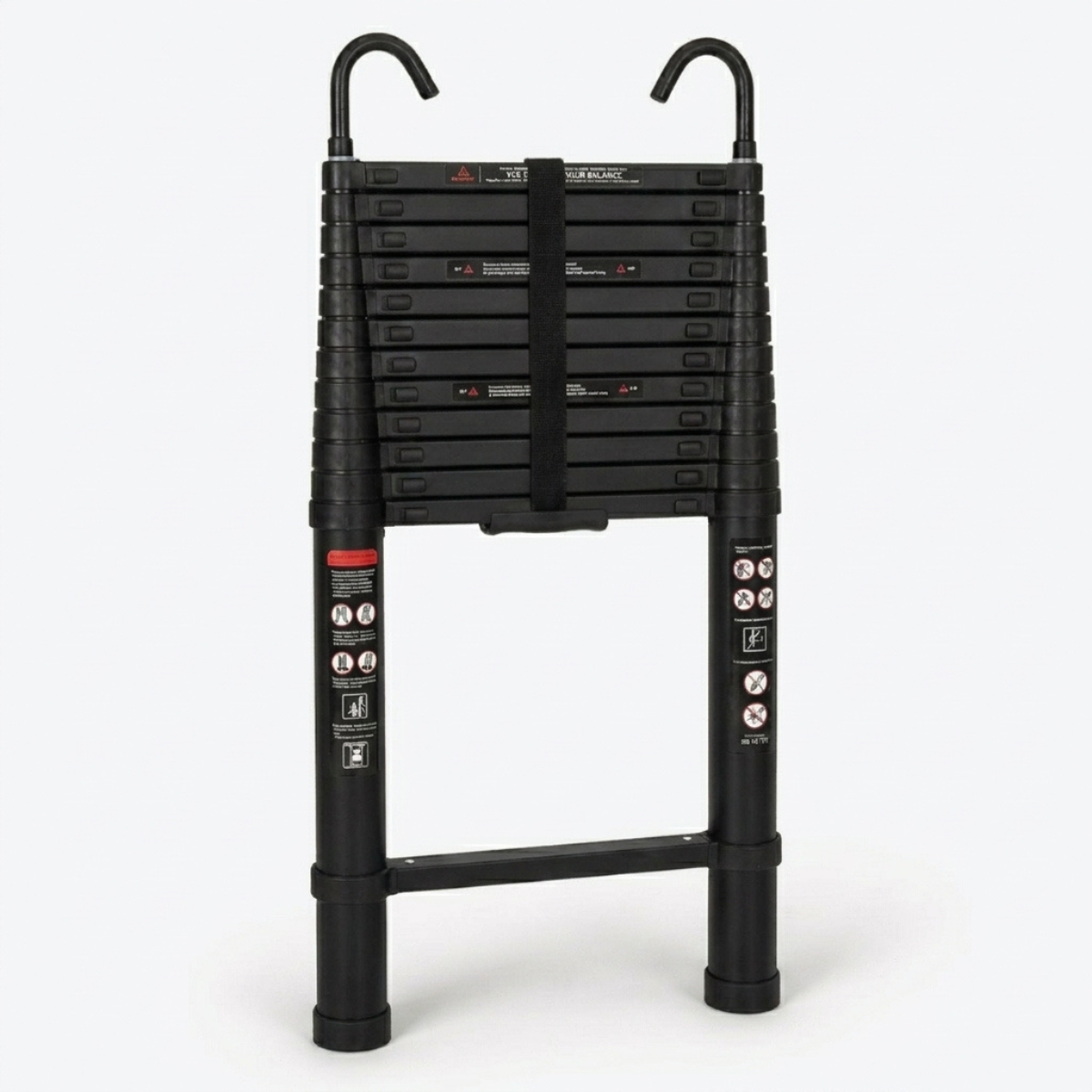 A black telescoping extension ladder photographed on a clean white studio background. The ladder has two upright legs with foot pegs, a lower support rail, multiple horizontal rungs, and curved top handles.