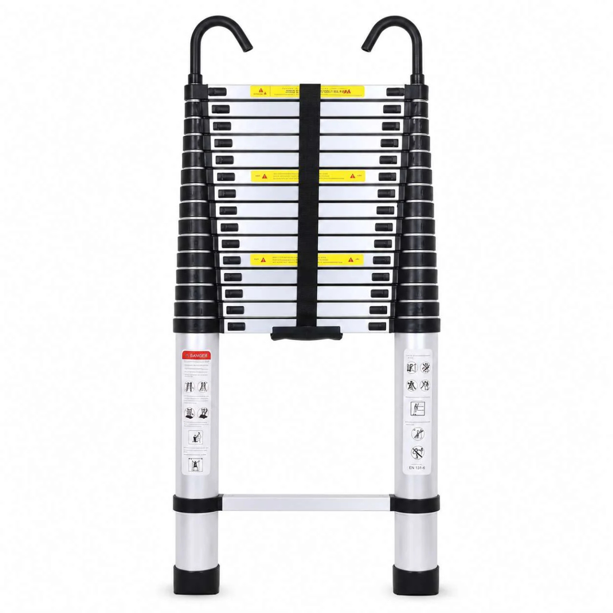 A compact folding step ladder with black and silver metal steps, featuring yellow safety labels and white instructional markings on the side rails, shown on a plain white background.