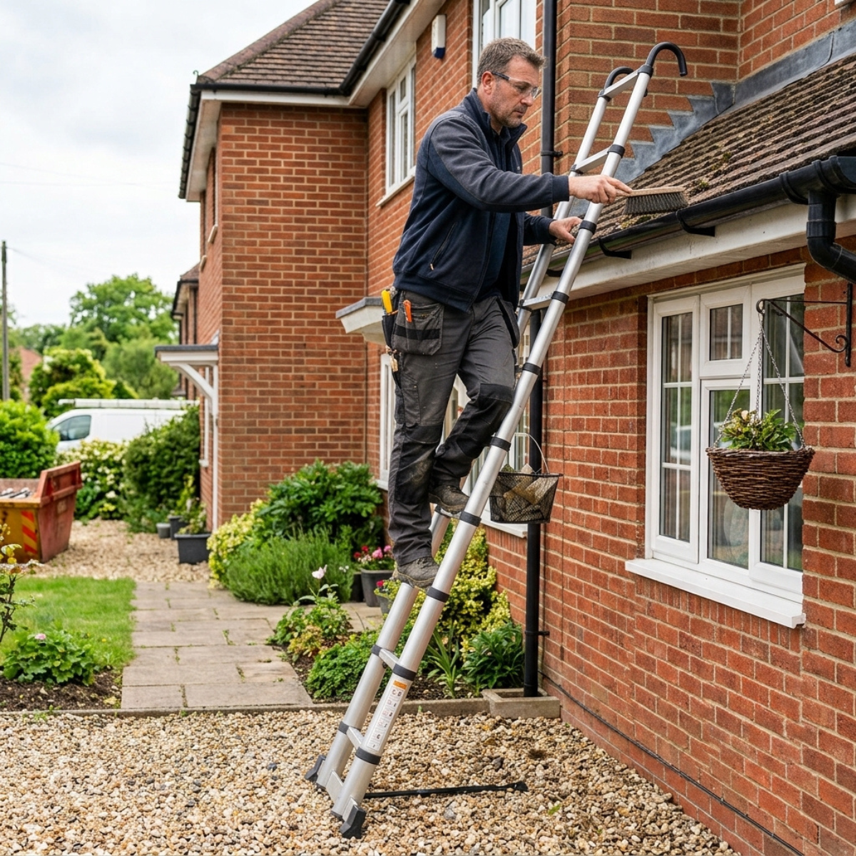 A man wearing safety glasses and work clothes stands on a silver extension ladder outside a red brick house, cleaning the gutter.