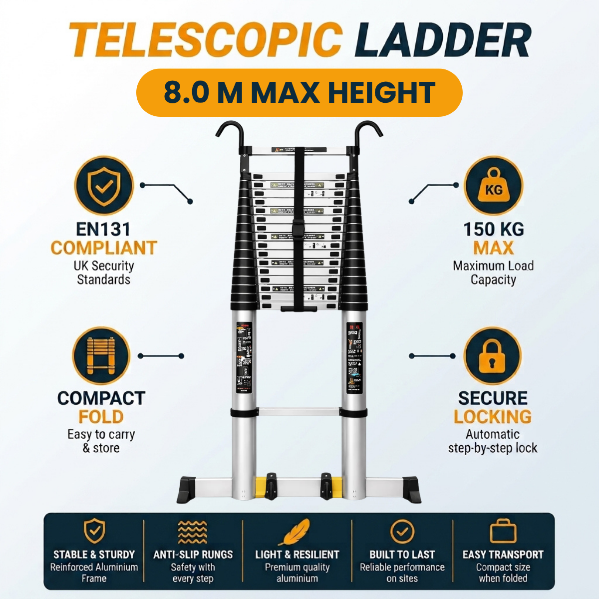 Telescopic ladder shown on a light blue background with marketing text and feature callouts. The ladder is silver aluminum with black steps and handrails.