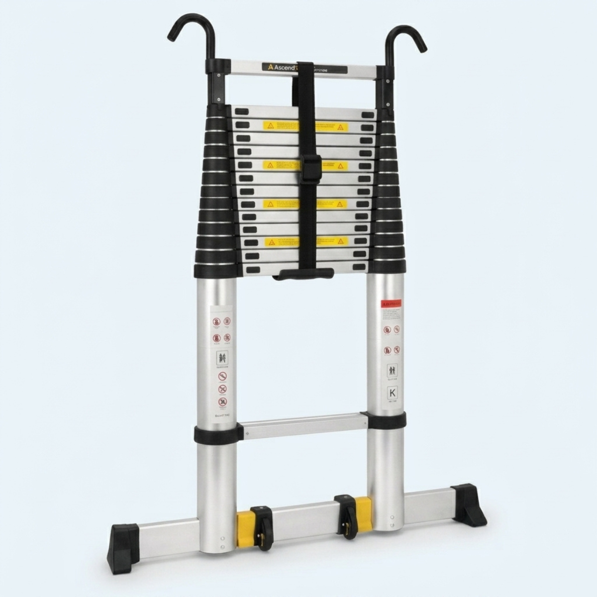 A multi-functional extension ladder with silver aluminum steps, black rubberized grips, and yellow safety bands, shown on a light blue-gray background.