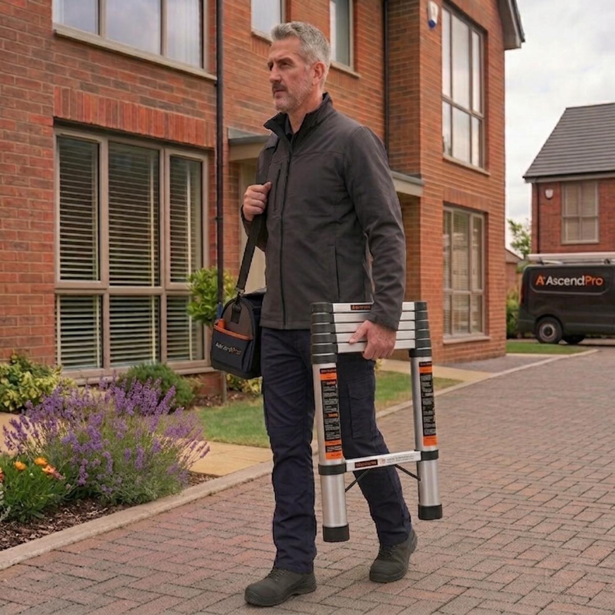 A man walks outdoors on a brick driveway in front of a red brick house, carrying a compact silver and black step ladder under one arm and a black bag over his shoulder. An AscendPro truck is visible in the background.