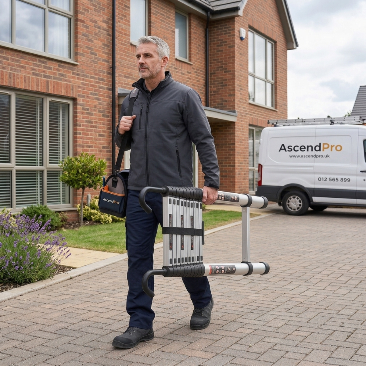 man holding Telescopic Ladder 3.2m AscendPro 320