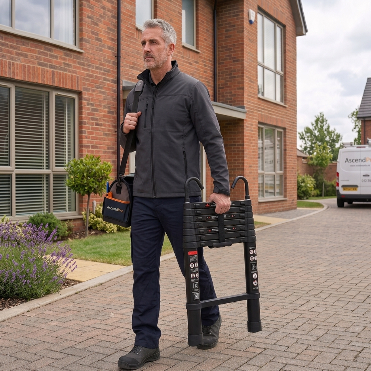 A man walks on a brick driveway carrying a black step ladder and a black utility bag branded Ascend, with a brick house in the background.