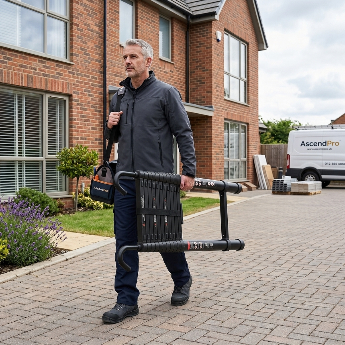 man holding Telescopic Ladder 5m Black AscendPro Onyx 500