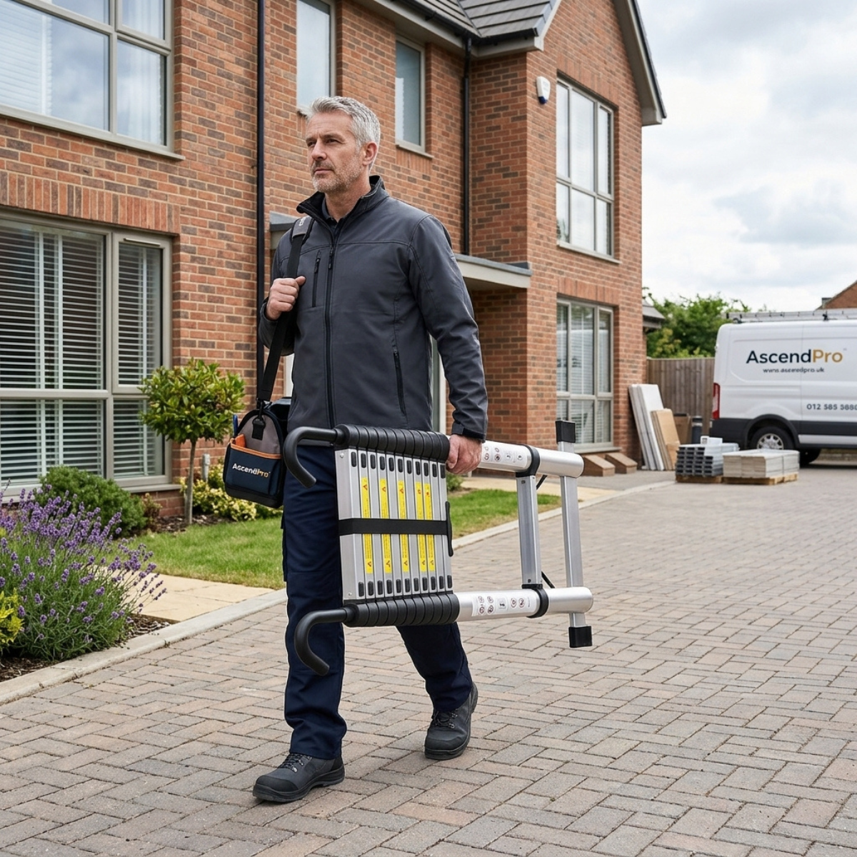 A man walks on a paved driveway in front of a brick house, carrying a compact folding ladder with a black shoulder bag branded NRG Safety.