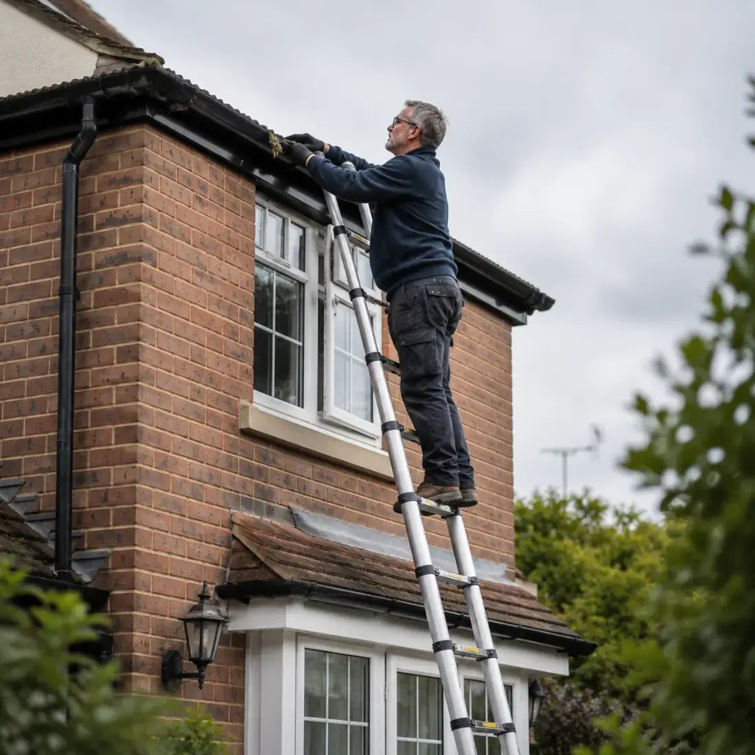 A man stands on a silver extension ladder, reaching into the gutter of a red brick house under an overcast sky.